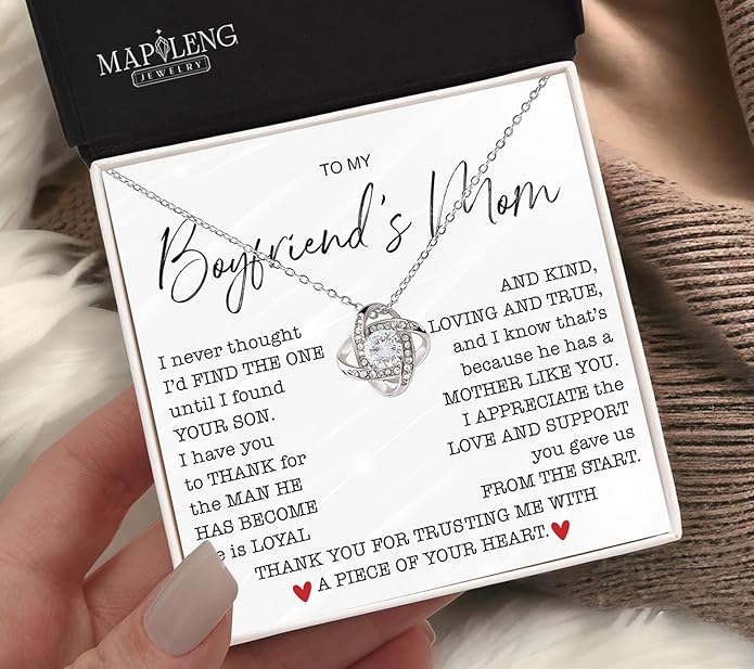 To My Boyfriend's Mom Love Knot Necklace, Elegant Jewelry Gift From Girlfriend, Meaningful Mothers Day Surprise, Birthday Christmas Keepsake With Heartfelt Message