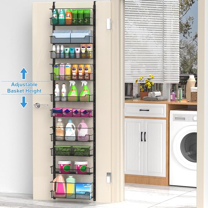 Over the Door Pantry Organizer, 10-Tier Over the Door Organizer with Adjustable Basket, Door Organization for Pantry Kitchen Storage Room Spice Rack, Black