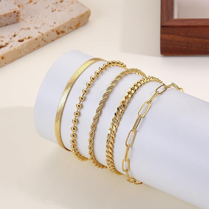 Gold Bracelets for Women, 18K Gold Plated Dainty Paperclip Link Chain Bracelets Thin Cute Stackable Bracelet Pack Fashion Accessories Gifts for Women
