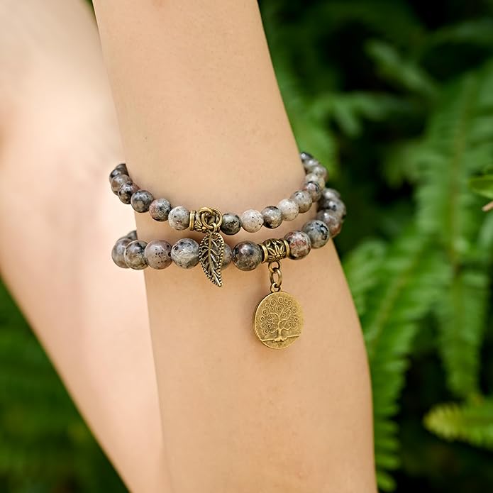 Bivei Natural Semi Precious Gemstone beads bracelet for women - Life Tree and Leaf Charm Energy Reiki Crystal Stretch Bracelets