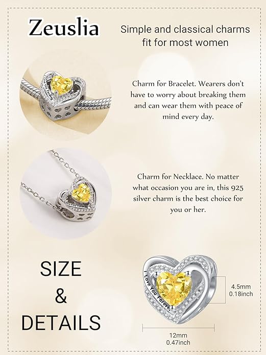 Heart Birthstone Charms for Bracelets, 925 Sterling Silver Women Bead Charms for Charm Bracelets Necklace, Mother's Day Birthday Anniversary Jewelry Gifts for Wife Mom Grandma Daughter