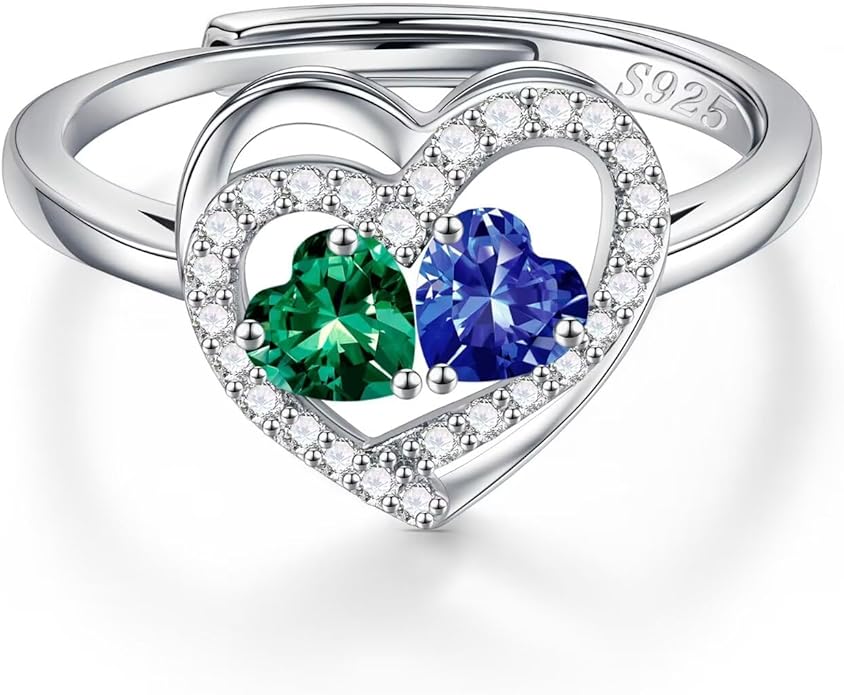 Iefil Adjustable Ring for Women - 925 Sterling Silver Double Birthstone Rings, Anniversary Birthday Gifts for Women Wife Her