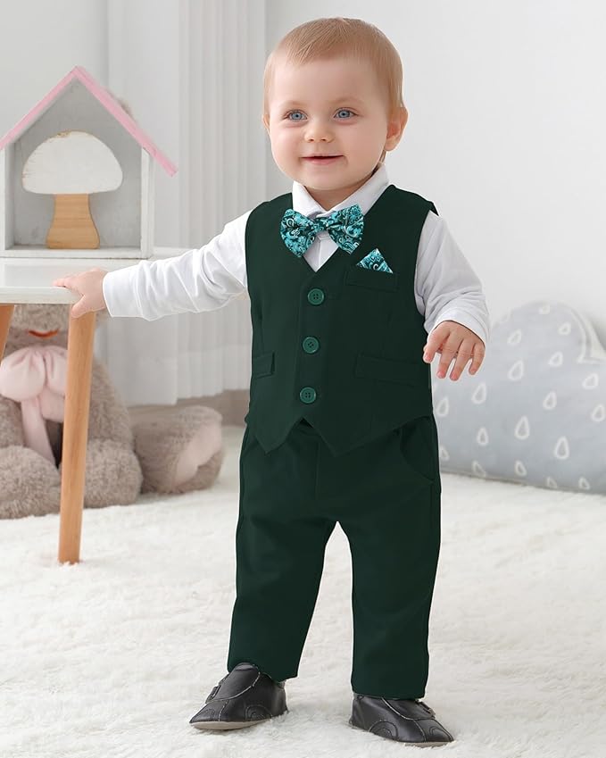 DISAUR Baby Boy Clothes Toddler Boy Outfits 4PCS Gentleman Dress Romper/Vest/Pants/Bow Tie Cotton Suit Sets