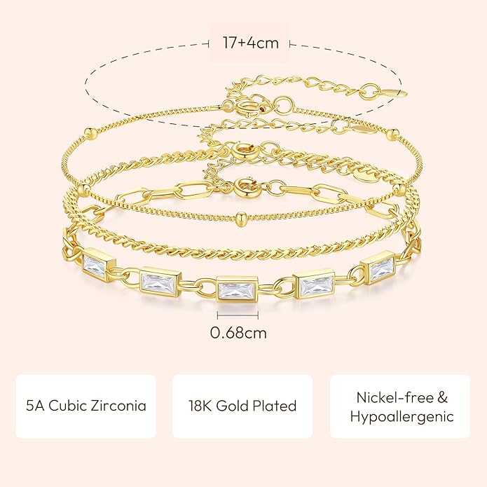 Gold Birthstone Bracelet for Women, 18K Gold Plated Layered Jewelry Bracelet Set, Womens Dainty Stackable Bracelets Link Paperclip Chain Valentines Day Gift for Wife Her