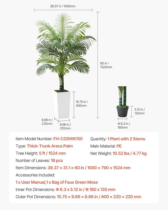 VEVOR Artificial Areca Palm Tree 5 ft, Fake Palm Tropical Plants - Image 7