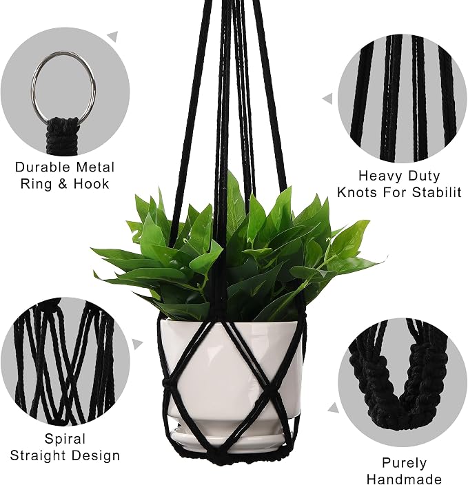 YIBOT Black Macrame Plant Hanger Indoor Hanging Planter Basket | 3 Pack Crochet - Image 2