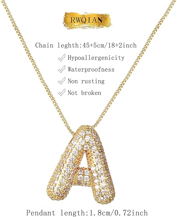 RWQIAN Letter Necklace for Women Bubble, Chunky Initial Alphabet A-Z Pendant Puffy Name Personalized Necklace Dainty Zircon CZ Fashion Jewelry Gifts for Girls Girlfriend
