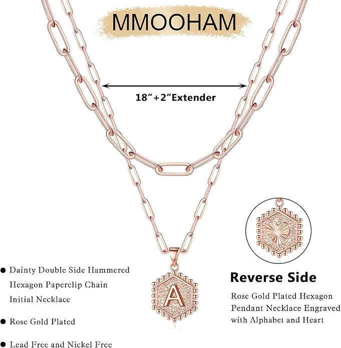 M MOOHAM Valentines Gifts for Women Teen Girls, 14K-Gold-Plated Initial Necklaces for Women Cute Hexagon Letter Initial Necklace Layered Necklaces for Womens Teen Girl Valentines Jewelry Gifts