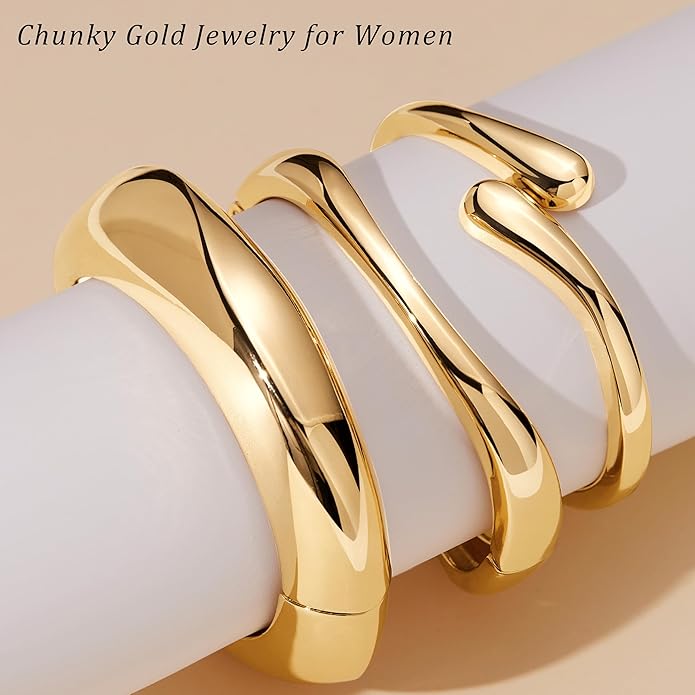 Chunky S925 Sterling Silver Plated Bangle Bracelets Stack for Women, Thick Statement Silver Plated Stackable Bangle Cuff Bracelets Set,Trendy Big Large Gold Bracelet Stacked Fashion Jewelry Gifts Non Tarnish