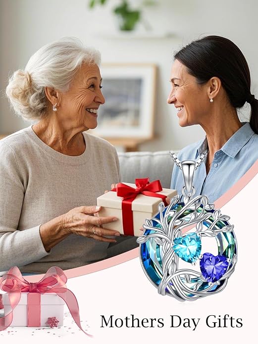 TOUPOP s925 Sterling Silver Family Celtic Tree of Life Pendant Necklaces with 2 Heart Birthstone with Blue Austrian Crystal Jewelry Birthday Valentines Day Gifts for Her, Anniversary Christmas Gifts for Wife Girlfriend Mom (18K Real White Gold Filled)