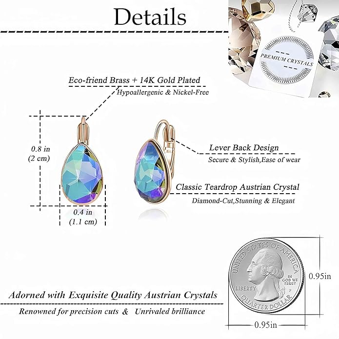 Teardrop Austrian Crystal Leverback Drop Earrings for Women 14K Rose Gold Plated Hypoallergenic Jewelry