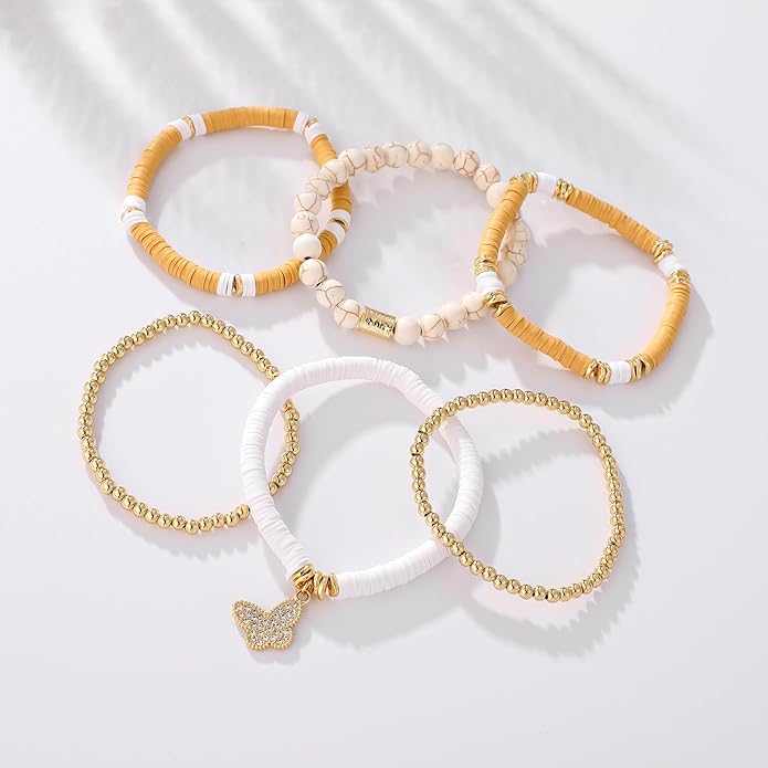 GOOJIDS Surfer Heishi Clay Bead Bracelets for Women Bohemian Stackable Gold Plated Beaded Stretch Bracelets Elastic Layering Friendship Bracelets Set Boho Jewelry