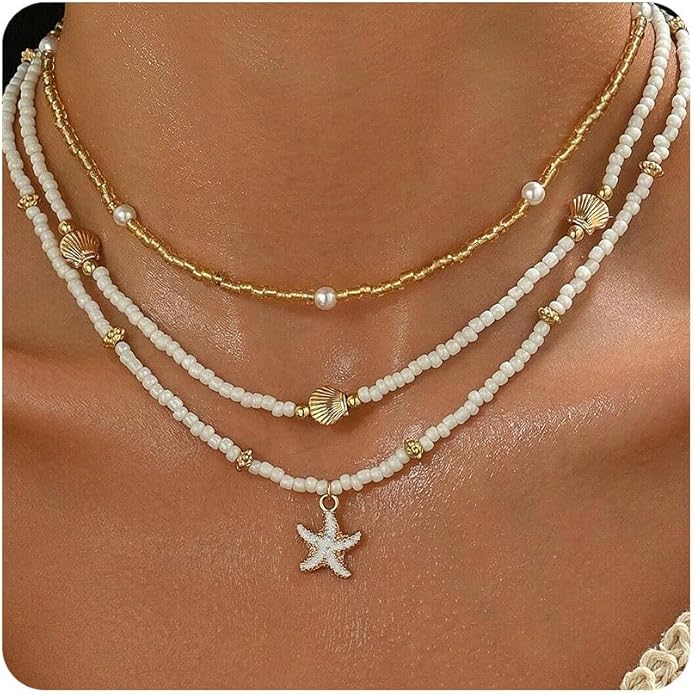 Women's Shell Starfish Boho Layered Beaded Necklace Choker for Summer Beach Vacation Gifts for Birthday/Anniversary/Christmas