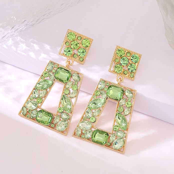 Rhinestone Rectangle Statement Earrings Colorful Crystal Geometric Drop Dangle Earrings for Women Prom Party