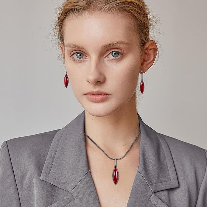 Red Jewelry Sets for Women Leaf Cat's Eye Stone Pendant Necklace and Earring Sets Dangling Sets Birthday Anniversary Wedding Mother’s Day Gifts for Women