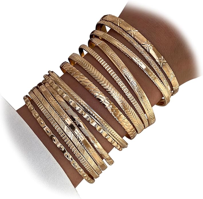 17IF Gold Bangle Bracelet For Women, 14k Multilayer Charm Textured Stackable Bracelets Boho Indian Chunky Cuff Fashion Jewelry Gift