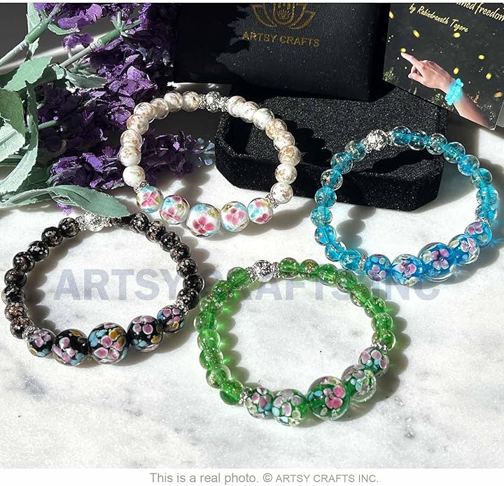 ARTSY Crafts Lily Garden Glow in the Dark Firefly Bead Bracelets Necklaces, Handmade in USA Murano Glass Jewelry, Flower Luminous Beads Mermaid Crystal Bracelet Bangle