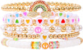 Bohemian Colorful Beaded Bracelets for Women Boho Stackable Natural Stone Letter Clay Glass Beads Stretch Bracelet Set with Charm, Cute Rainbow Friendship Bracelets for Summer Vacation