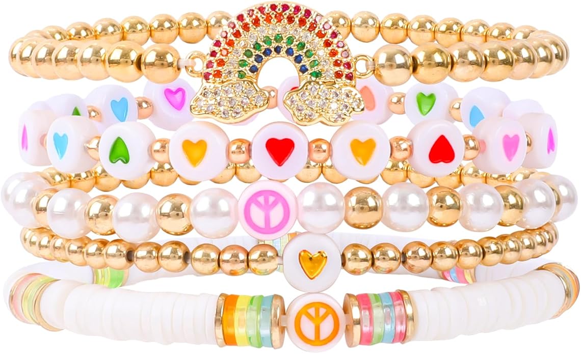 Bohemian Colorful Beaded Bracelets for Women Boho Stackable Natural Stone Letter Clay Glass Beads Stretch Bracelet Set with Charm, Cute Rainbow Friendship Bracelets for Summer Vacation