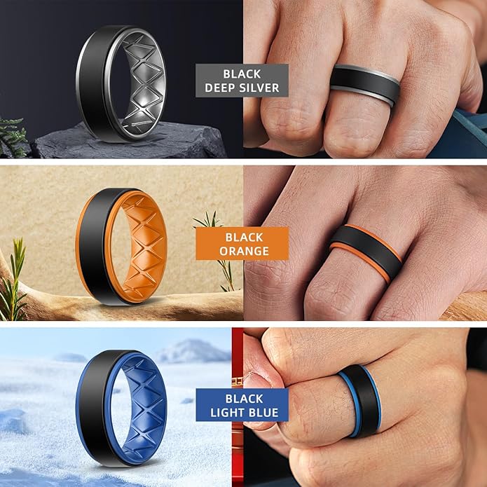 Egnaro Silicone Rings for Men 1/4/5/6/7 Multipack of Breathable Mens Silicone Rubber Wedding Rings Bands - Step Edge
