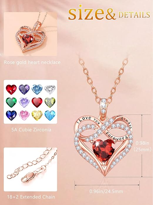 Infinity Rose Gold Valentines Heart Birthstone Necklace for Women,I Love You Always and Forever Jewelry,Valentines Anniversary Birthday Gifts for Her Wife Mom Grandma Daughter