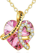 KECHO 14K Real Gold I Love You Forever Necklace Solid Yellow Gold Heart Birthstone Crystal Pendant Jewelry Birthday Mother's Day Anniversary Christmas Gifts for Women