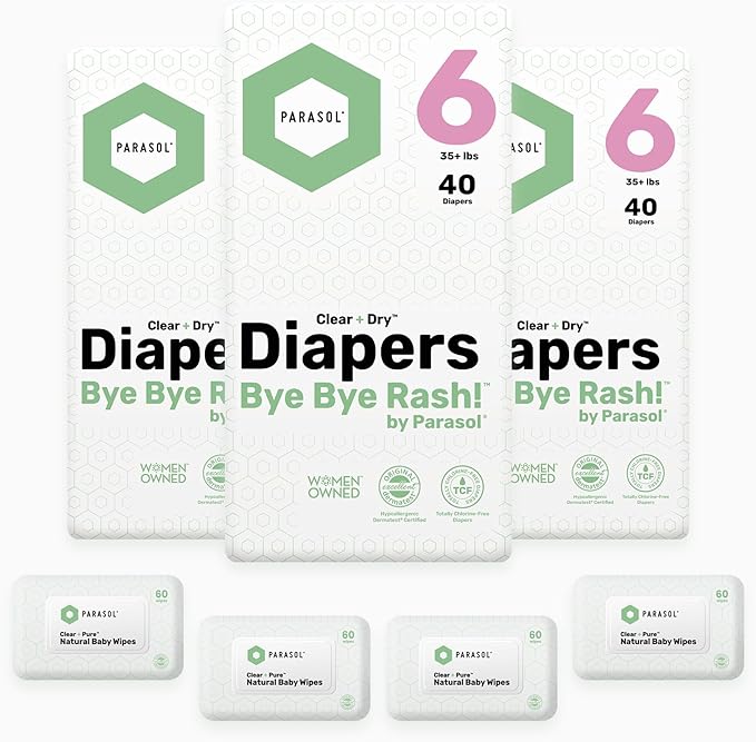 Parasol Clear+Dry Disposable Diapers and Clear+Pure Wipes, RashShield Protection, Size 6 (35 lbs and Up), Diaper Bundle of 120 Diapers & 240 Wipes