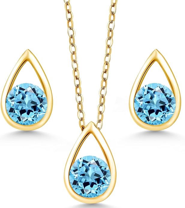Gem Stone King 18K Yellow Gold Plated Silver 5MM Round Gemstone Birthstone Teardrop Pendant Earrings Set | Jewelry Set for Women | With 18 Inch Chain