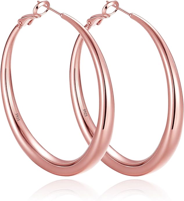 EXGOX Sterling Silver Hoop Earrings - Hypoallergenic, Lightweight, Chunky, 14K Real Gold Plated, Big Large Hoops for Women