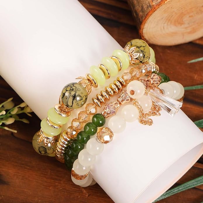 4pcs Bohemia Glass Bead Bracelets, Hawaiian Stylestacked Stackable Beaded Bracelets for Women Stack Bohemia Elastic Glass Jewelry Gift