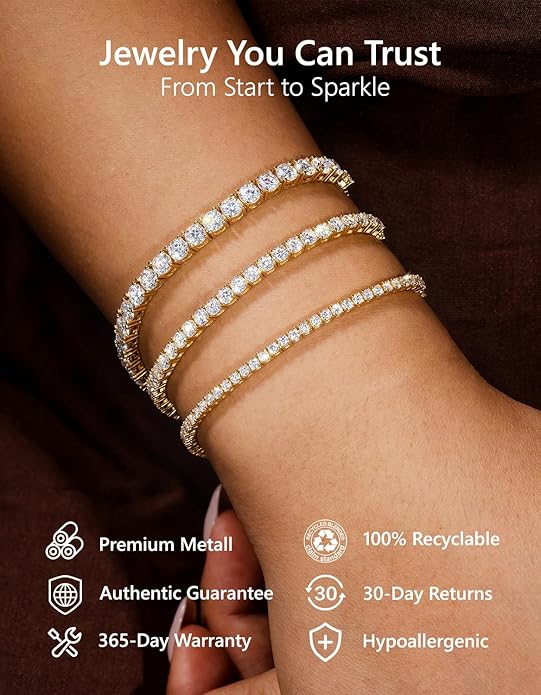 KRKC&CO Tennis Bracelet, Adjustable Length S925 Sterling Silver 2/3/4mm, Christmas Birthday Gifts for Her, Gift Box, Cubic Zirconia Bolo Bracelets for Women White/14K Gold Plated, Hypoallergenic