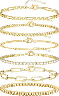 adoyi Valentines Day Gifts for Her Gold Bracelets for Women, 14K Gold Plated Stackable Bracelet Stack Set Adjustable Charm Paperclip Chain Cuban Link Layered Waterproof Jewelry Sets Gifts for Womens