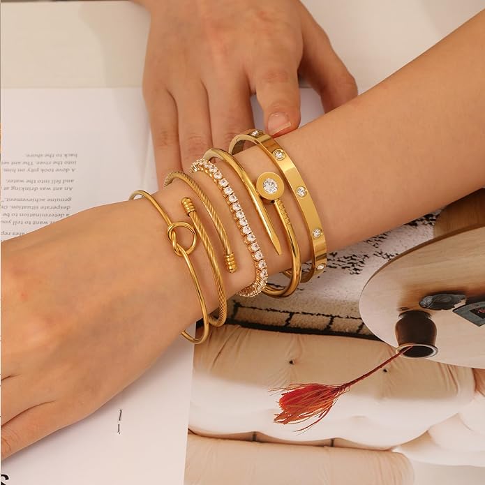 18 K Gold Plated Love Bangle Bracelet Stack Cuff Jewelry for Women Jewelry Set for Women Gift with Box