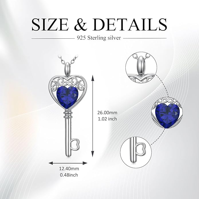 WSX Heart Key Birthstone Necklace for Women 925 Sterling Silver Love Key Pendant with Birthstone Valentine's Day Anniversary Jewelry Gift for Her