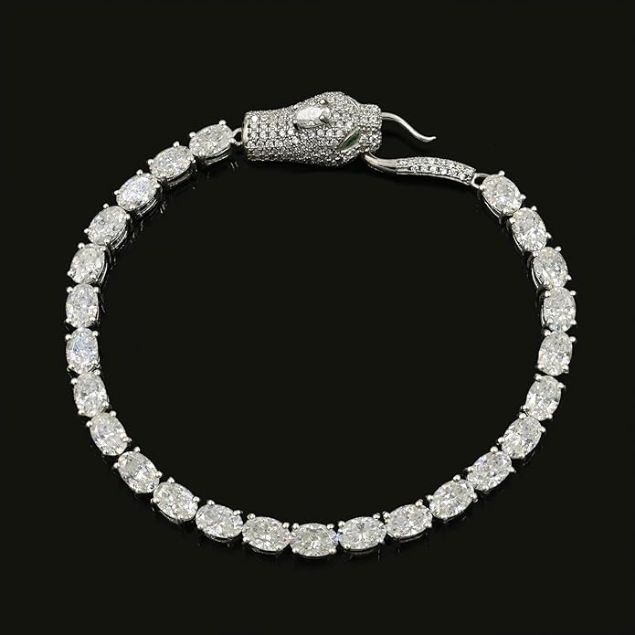 Natural Moissanite Cobra Bracelet in 925 Sterling Silver | 6x4mm Oval Cut 10.50 Carat | Handmade Designer Cobra Chain Bracelet for Men & Women | Adjustable Length Luxury Jewelry