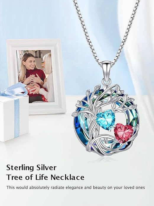 TOUPOP s925 Sterling Silver Family Celtic Tree of Life Pendant Necklaces with 2 Heart Birthstone with Blue Austrian Crystal Jewelry Birthday Valentines Day Gifts for Her, Anniversary Christmas Gifts for Wife Girlfriend Mom (18K Real White Gold Filled)
