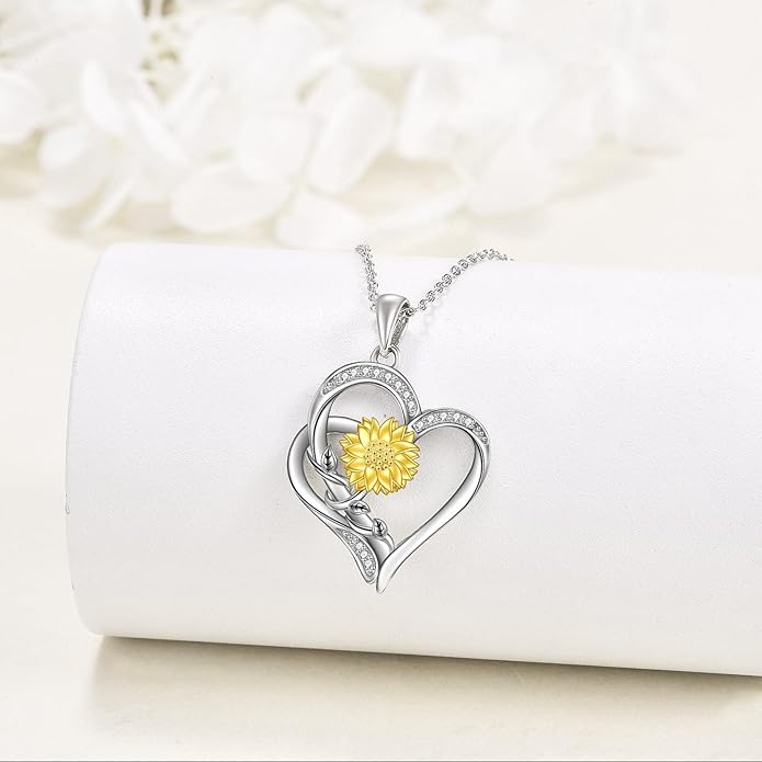 ZBA Natural Diamond Sunflower Heart Necklace for Women 18K Gold Plated Sterling Silver Sunflower Heart Pendant Necklace Jewelry Christmas Gifts for Mom(Color FG Clarity SI2SI3)