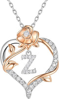 Valentines Day Gifts Rose Heart Letter Initial Necklace for Women, S925 Sterling Silver Pendant Necklace Adjustable Dainty Rose Flower Jewelry Gift for Her