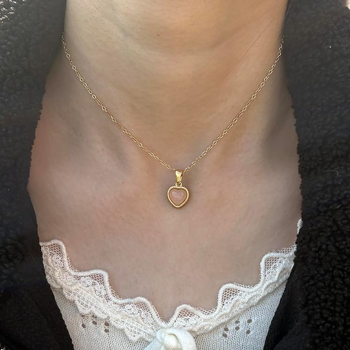 Cute Gold Heart Necklace for Women,18k Gold Plated Cubic Zirconia Charm Necklaces,Stainless Steel Women's Heart Stone Pendant Necklace for Women,16-18 Inches Adjustable Chain,Trendy Jewelry Gifts