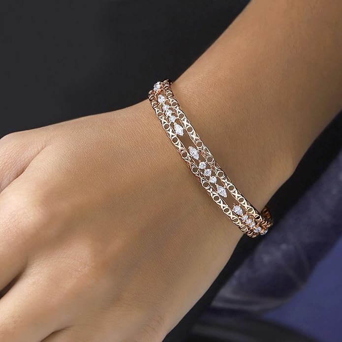 Bangle Bracelets for Women 3.65 Carat (ctw) Marquise And Round Shape Lab Grown Diamond 3-Row Cuff Bangle Bracelets In 14K Gold Over Sterling Silver Jewelry Gifts For Her Size-7.00 to 8.00 Inch