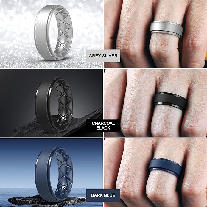 Egnaro Men's Rings 8.5mm Wide-2mm Thick Inner Arc Ergonomic Breathable Rubber Wedding bands-Hypoallergenic for Gym/Outdoor/Gift((1-7 Variety Pack with Half Size)
