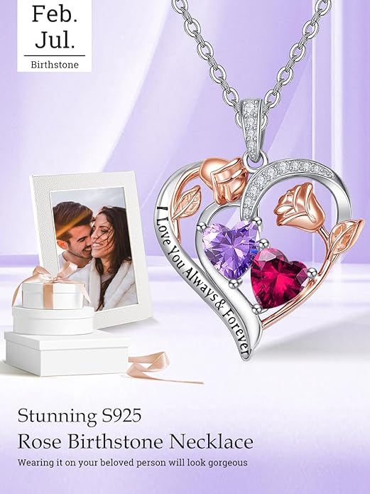 Valentine's Day Gifts for Wife 925 Sterling Silver Double Birthstone Pendant Necklaces I Love You for Always and Forever Necklace Anniversary Birthday Gifts for Wife Girlfriend Mom Her