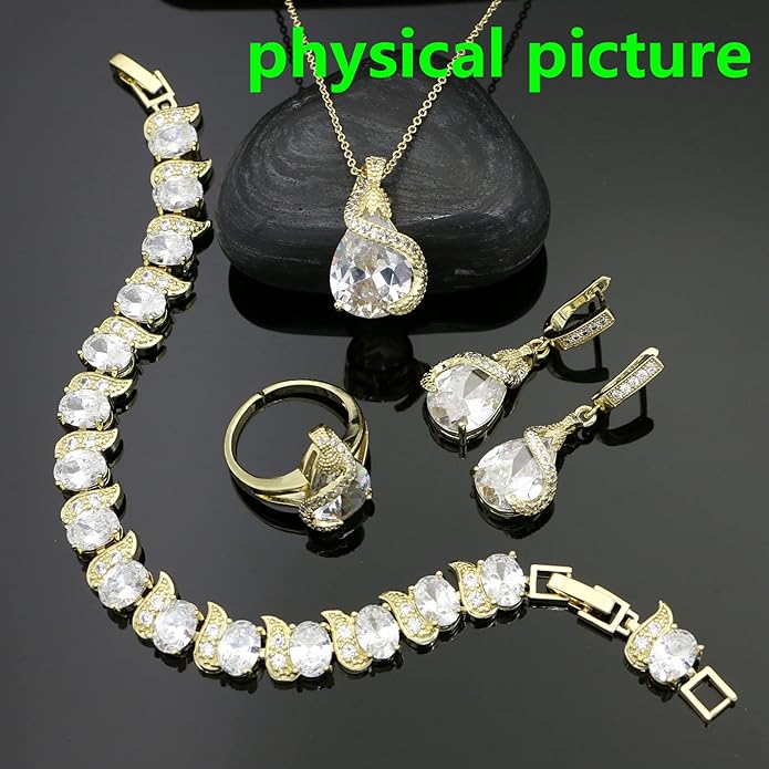 GZWHD Jewelry Set for Women Water Drop Cubic Zirconia Artificial Crystal Earrings Pendant Necklace Open Ring Tennis Bracelet Wedding Anniversary Birthday Engagement Gift for Bridesmaid Wife Girlfriend Friend