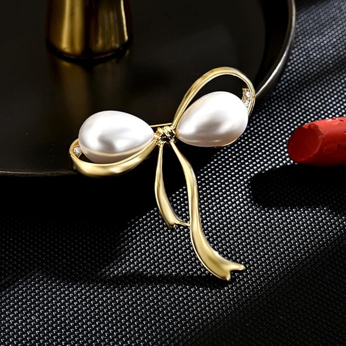 Bow Knot Pin Rhinestone Crystal Pearl Brooch 18k Gold Plated Lapel Pin Birthday Jewelry Gift for Women Men