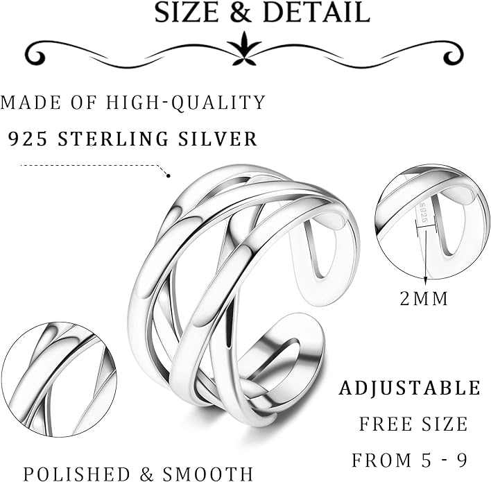925 Sterling Silver Celtic Knot Rings Open Knuckle Rings for Women Adjustable Thumb Finger Rings Minimalist Cross Line Band Rings