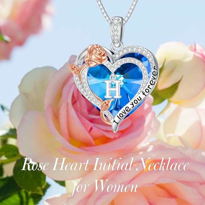 PELOVNY Rose Heart Initial Necklaces for Women S925 Sterling Silver Alphabet Letter Crystal Necklace Initial Pendant Jewelry Gifts for Mom Daughter Wife