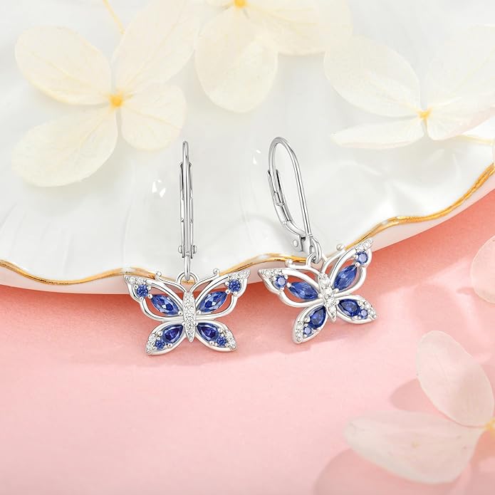 Women's Butterfly Leverback Dangle Earrings 925 Sterling Silver 5A Cubic Zirconia Jewelry for Valentine Mother's Day Birthday Gifts for Her