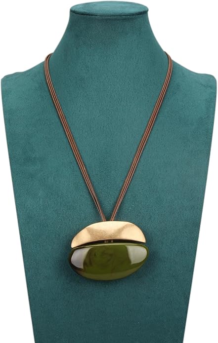GelConnie Leather Necklace for Women Large Pendant Long Brown Necklace Circle Leather Choker Vintage Sweater Necklace Gold Chunky Boho Necklaces for Women