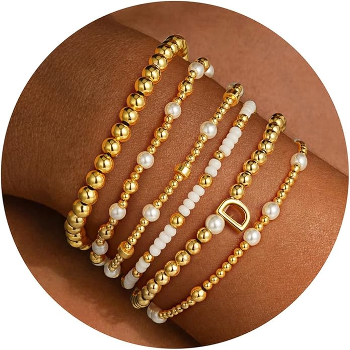 Turandoss 6PCS Beaded Initial Bracelets for Women Girls Valentines Day Gifts - 18K Gold Plated Beaded Initial Letter Bracelet Initial A-Z Stretch Bead Stackable Bracelet Valentines Day Gifts for Her