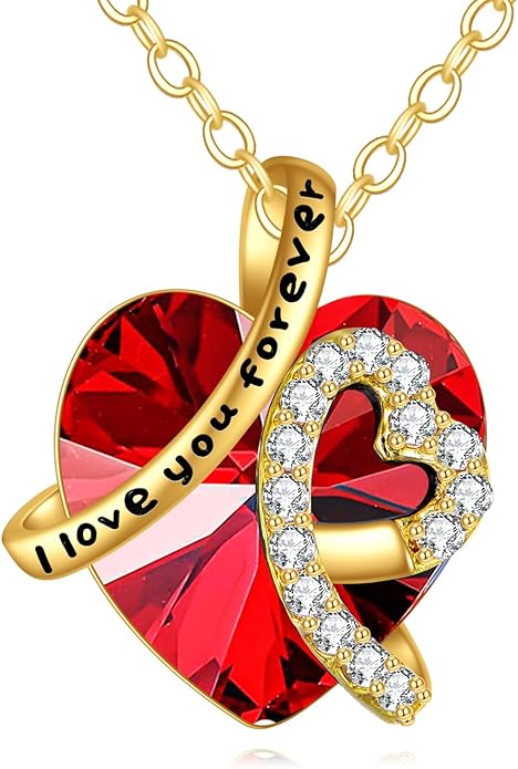 KECHO 14K Real Gold I Love You Forever Necklace Solid Yellow Gold Heart Birthstone Crystal Pendant Jewelry Birthday Mother's Day Anniversary Christmas Gifts for Women